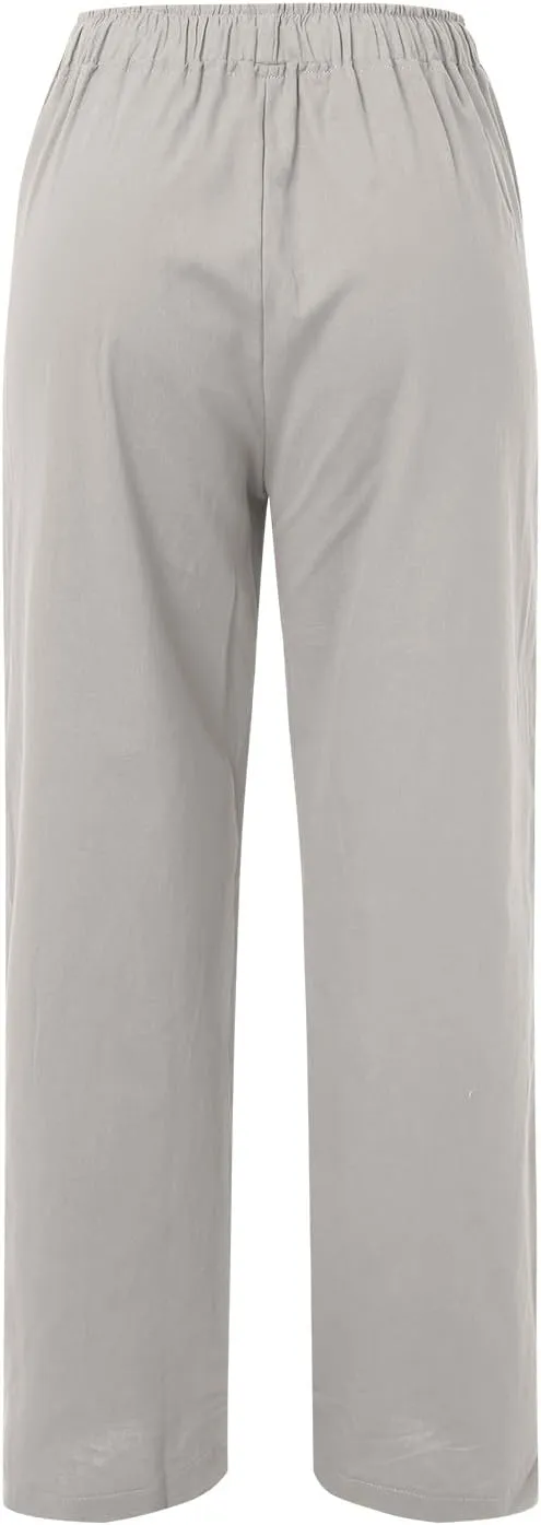 Wide Pants Waist Long Drawstring Casual Linen Elastic Women Leg Solid Cotton Pants Sequin Outfit