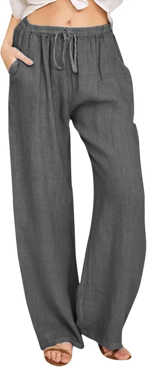 Wide Pants Waist Long Drawstring Casual Linen Elastic Women Leg Solid Cotton Pants Sequin Outfit