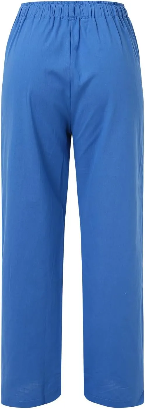Wide Pants Waist Long Drawstring Casual Linen Elastic Women Leg Solid Cotton Pants Sequin Outfit