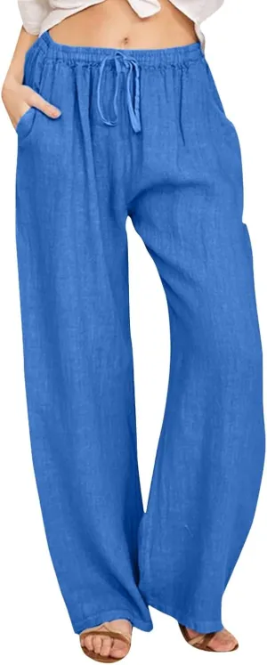 Wide Pants Waist Long Drawstring Casual Linen Elastic Women Leg Solid Cotton Pants Sequin Outfit