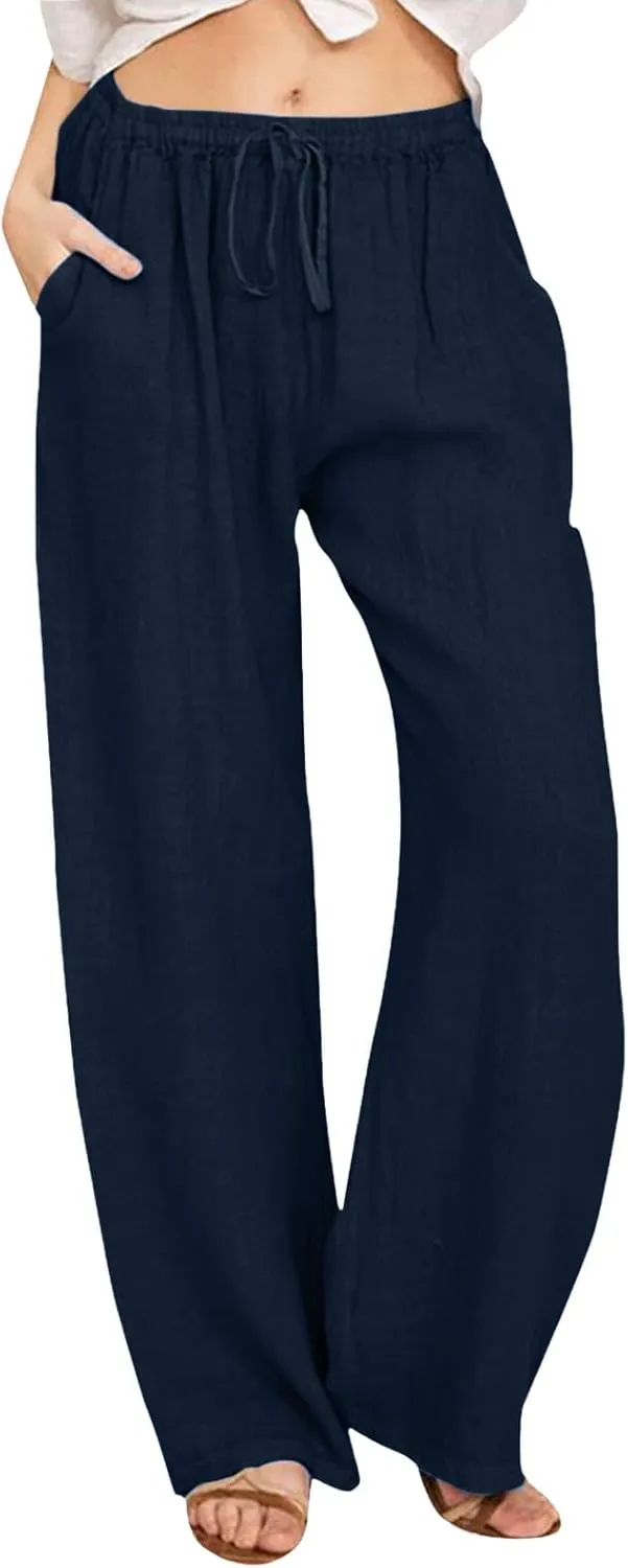 Wide Pants Waist Long Drawstring Casual Linen Elastic Women Leg Solid Cotton Pants Sequin Outfit