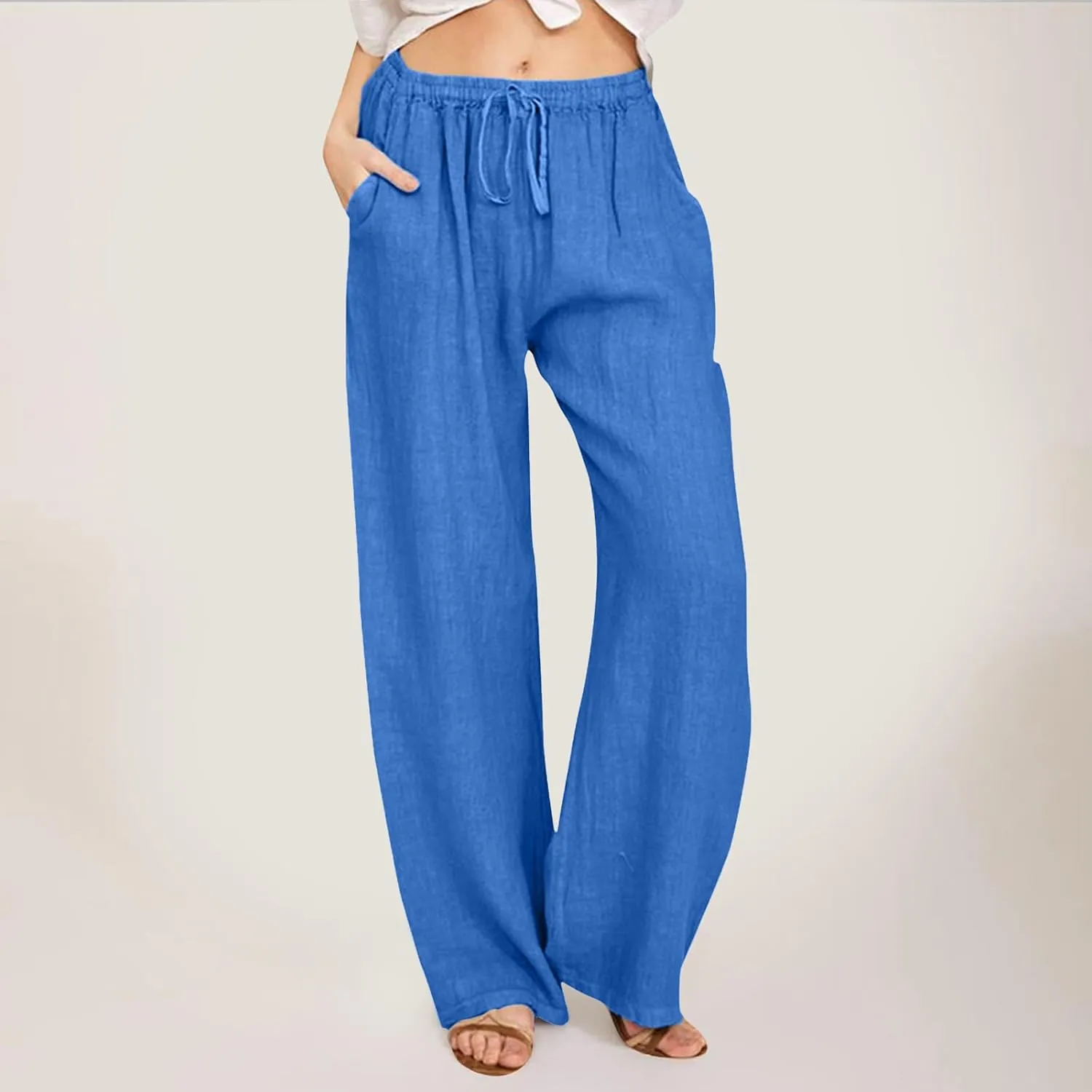 Wide Pants Waist Long Drawstring Casual Linen Elastic Women Leg Solid Cotton Pants Sequin Outfit