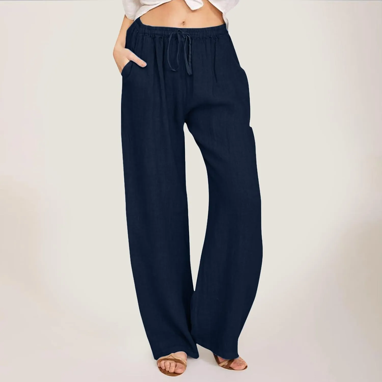 Wide Pants Waist Long Drawstring Casual Linen Elastic Women Leg Solid Cotton Pants Sequin Outfit
