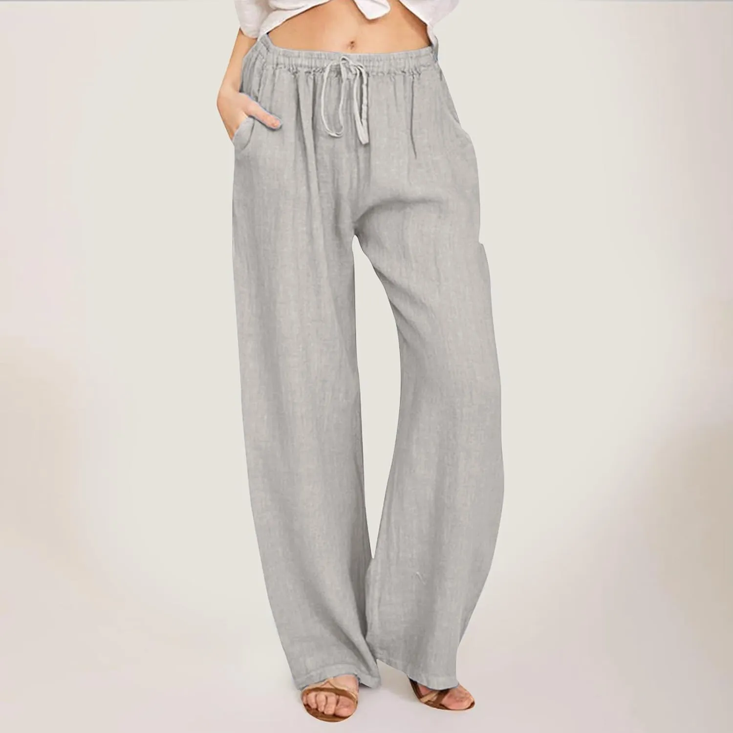 Wide Pants Waist Long Drawstring Casual Linen Elastic Women Leg Solid Cotton Pants Sequin Outfit