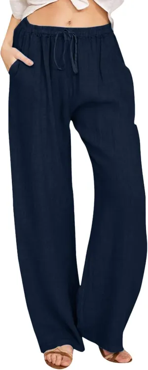 Wide Pants Waist Long Drawstring Casual Linen Elastic Women Leg Solid Cotton Pants Sequin Outfit