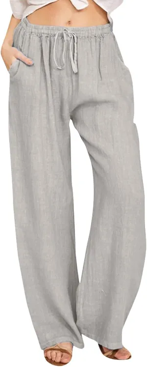 Wide Pants Waist Long Drawstring Casual Linen Elastic Women Leg Solid Cotton Pants Sequin Outfit