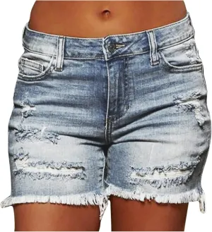 Women Casual Summer Mid Waist Stretchy Denim Jean Shorts Junior Short Jean Elastic Comfy Shorts Straight Fit Jean Shorts