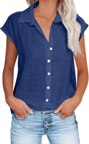 Women Cotton Linen Shirts 2025 V Neck Half Button Down Blouse Casual Cap Sleeve Tops Summer Work Vacation Clothes