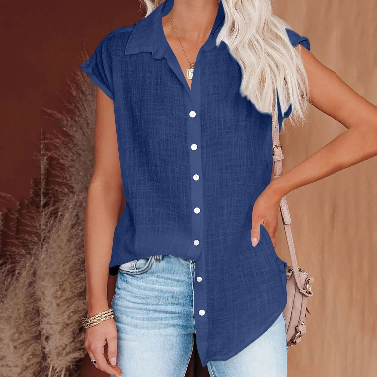 Women Cotton Linen Shirts 2025 V Neck Half Button Down Blouse Casual Cap Sleeve Tops Summer Work Vacation Clothes