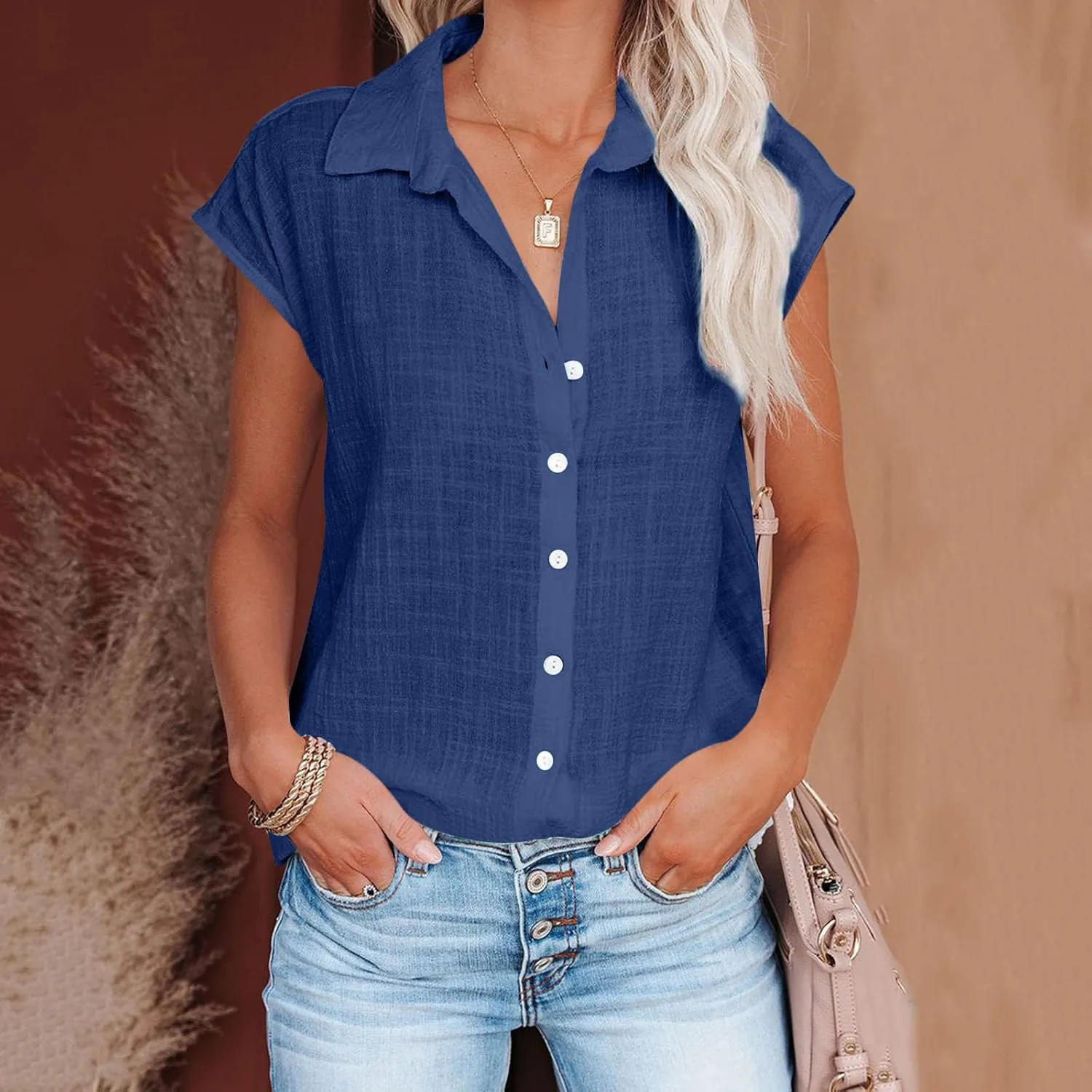 Women Cotton Linen Shirts 2025 V Neck Half Button Down Blouse Casual Cap Sleeve Tops Summer Work Vacation Clothes