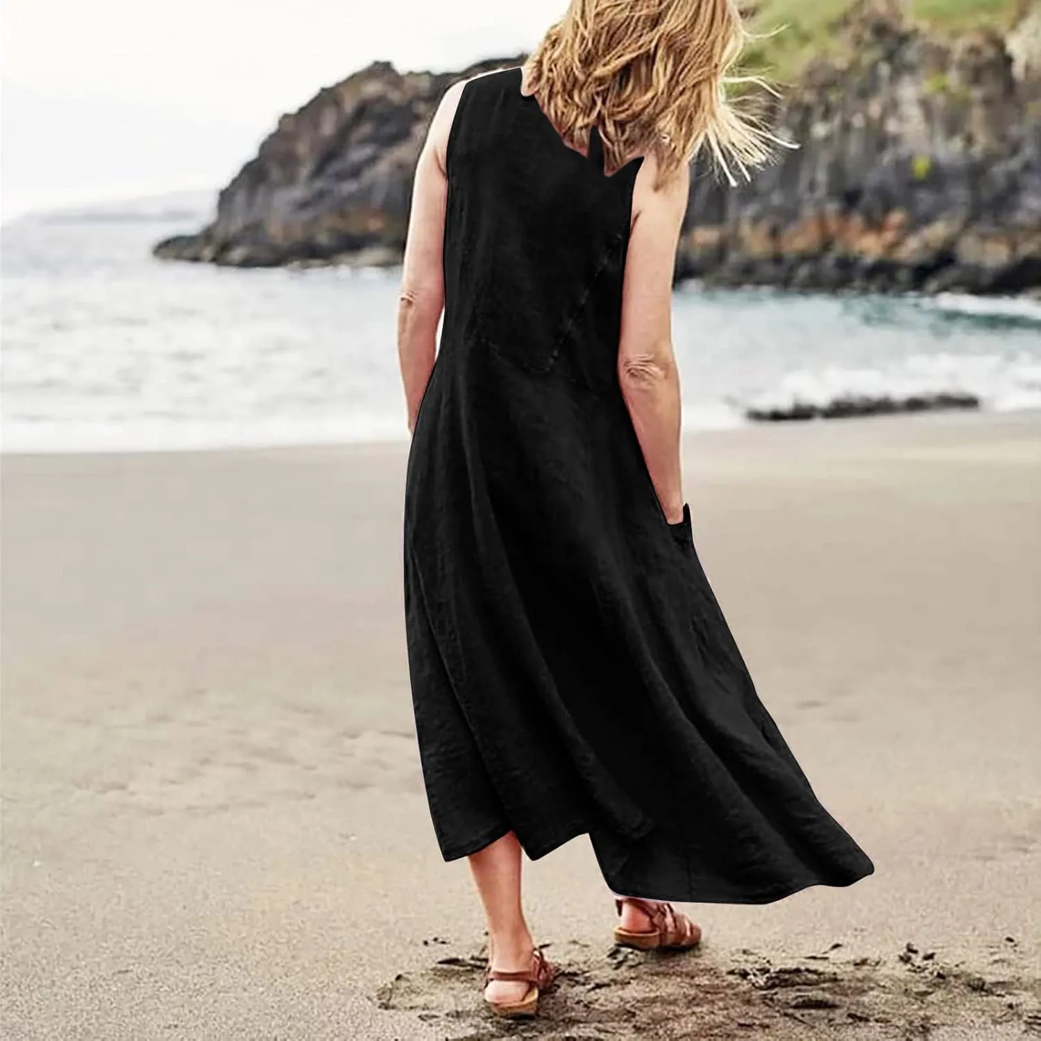Women Dresses Linen Dress Summer Beach Dress Sleeveless Boho Maxi Long Dresses Casual with Pockects