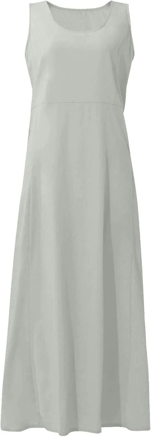 Women Dresses Linen Dress Summer Beach Dress Sleeveless Boho Maxi Long Dresses Casual with Pockects
