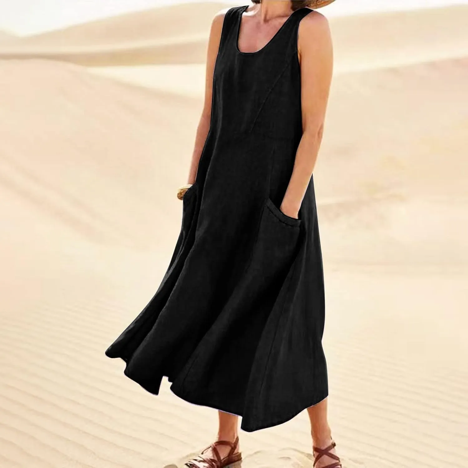 Women Dresses Linen Dress Summer Beach Dress Sleeveless Boho Maxi Long Dresses Casual with Pockects