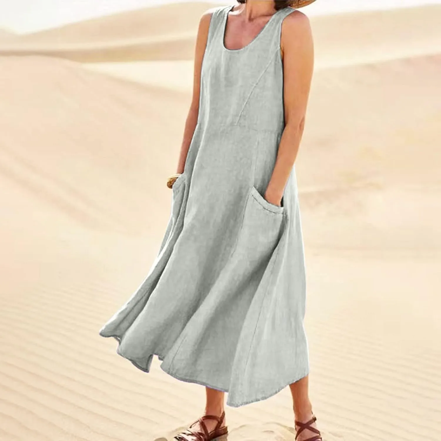 Women Dresses Linen Dress Summer Beach Dress Sleeveless Boho Maxi Long Dresses Casual with Pockects
