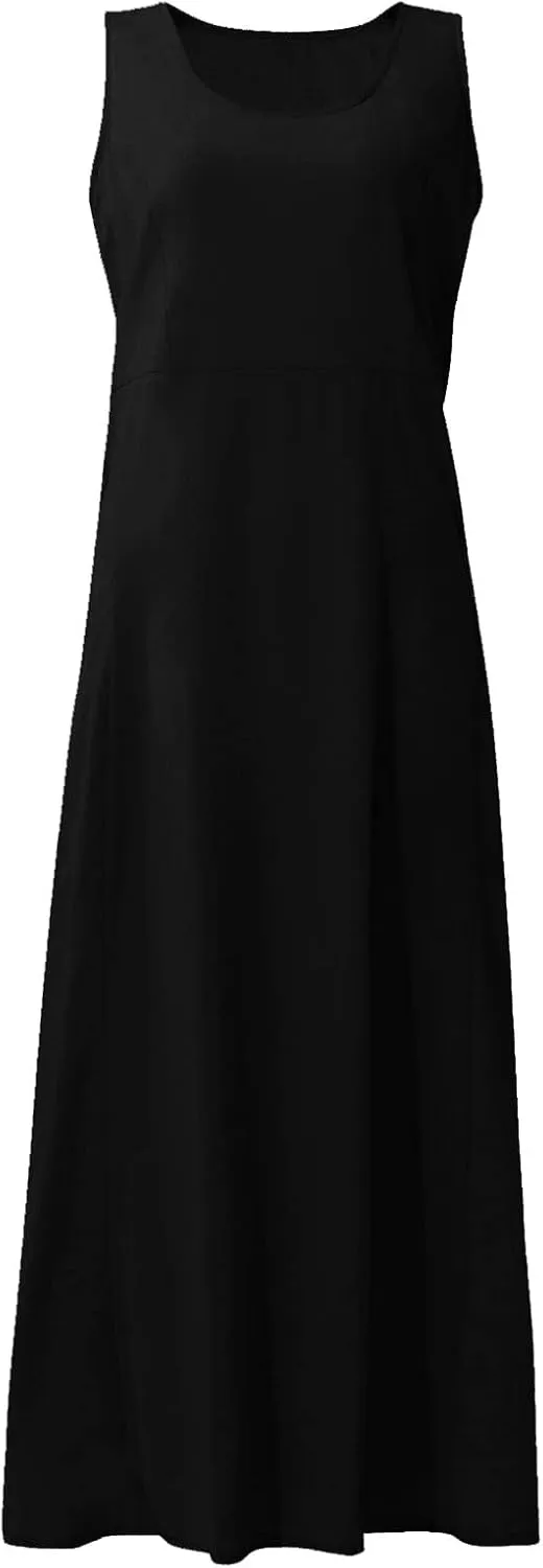 Women Dresses Linen Dress Summer Beach Dress Sleeveless Boho Maxi Long Dresses Casual with Pockects