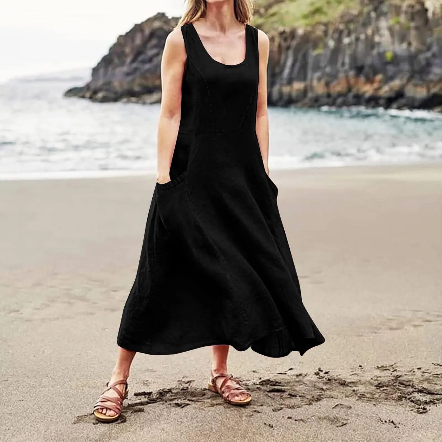 Women Dresses Linen Dress Summer Beach Dress Sleeveless Boho Maxi Long Dresses Casual with Pockects