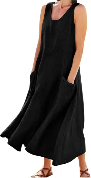 Women Dresses Linen Dress Summer Beach Dress Sleeveless Boho Maxi Long Dresses Casual with Pockects