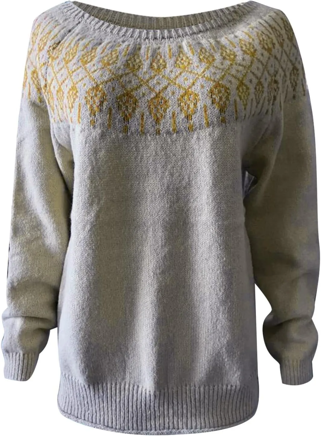 Women Fair Isle Sweaters Casual Scoop Neck Long Sleeved Vintage Sweater Loose Fuzzy Knitted Sweater Pullover Top