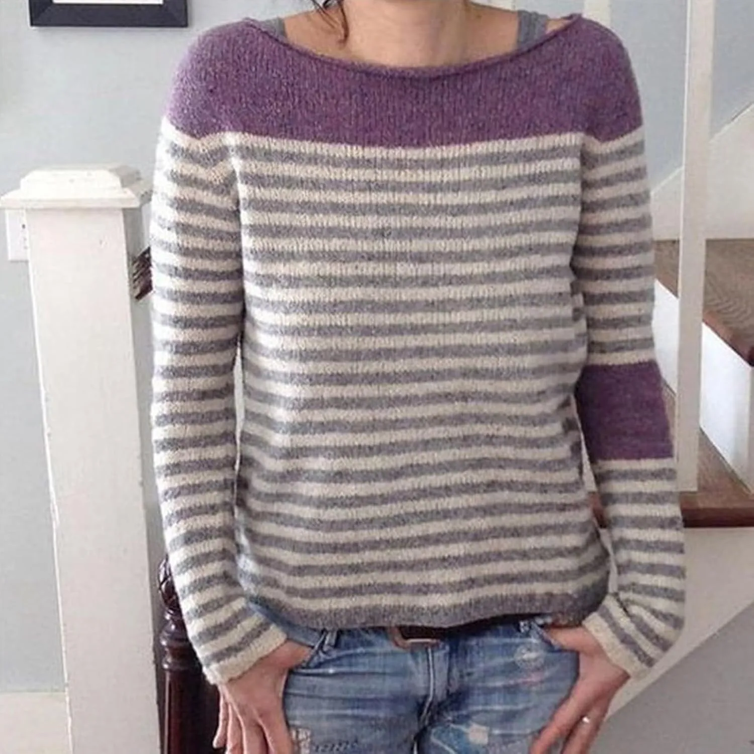 Women Fair Isle Sweaters Casual Scoop Neck Long Sleeved Vintage Sweater Loose Fuzzy Knitted Sweater Pullover Top