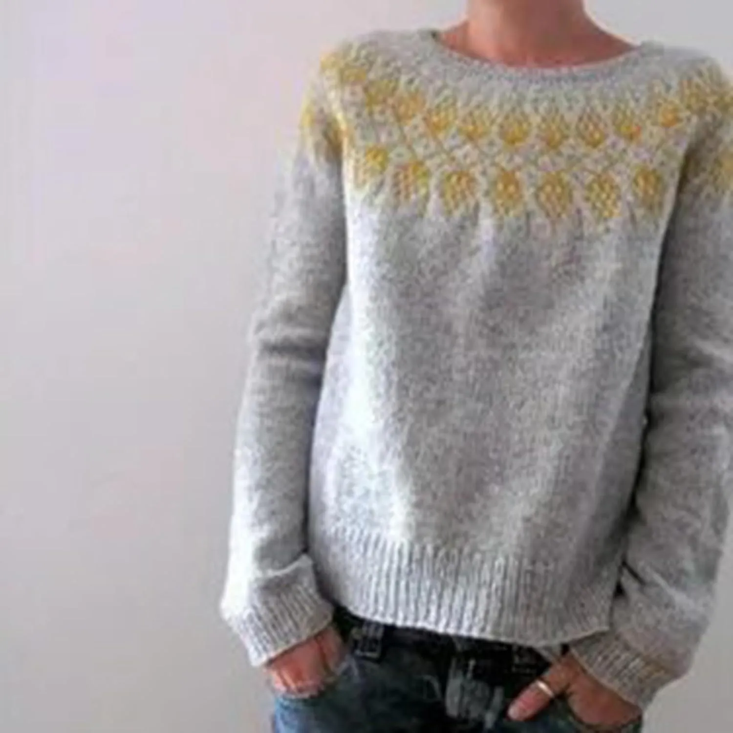 Women Fair Isle Sweaters Casual Scoop Neck Long Sleeved Vintage Sweater Loose Fuzzy Knitted Sweater Pullover Top