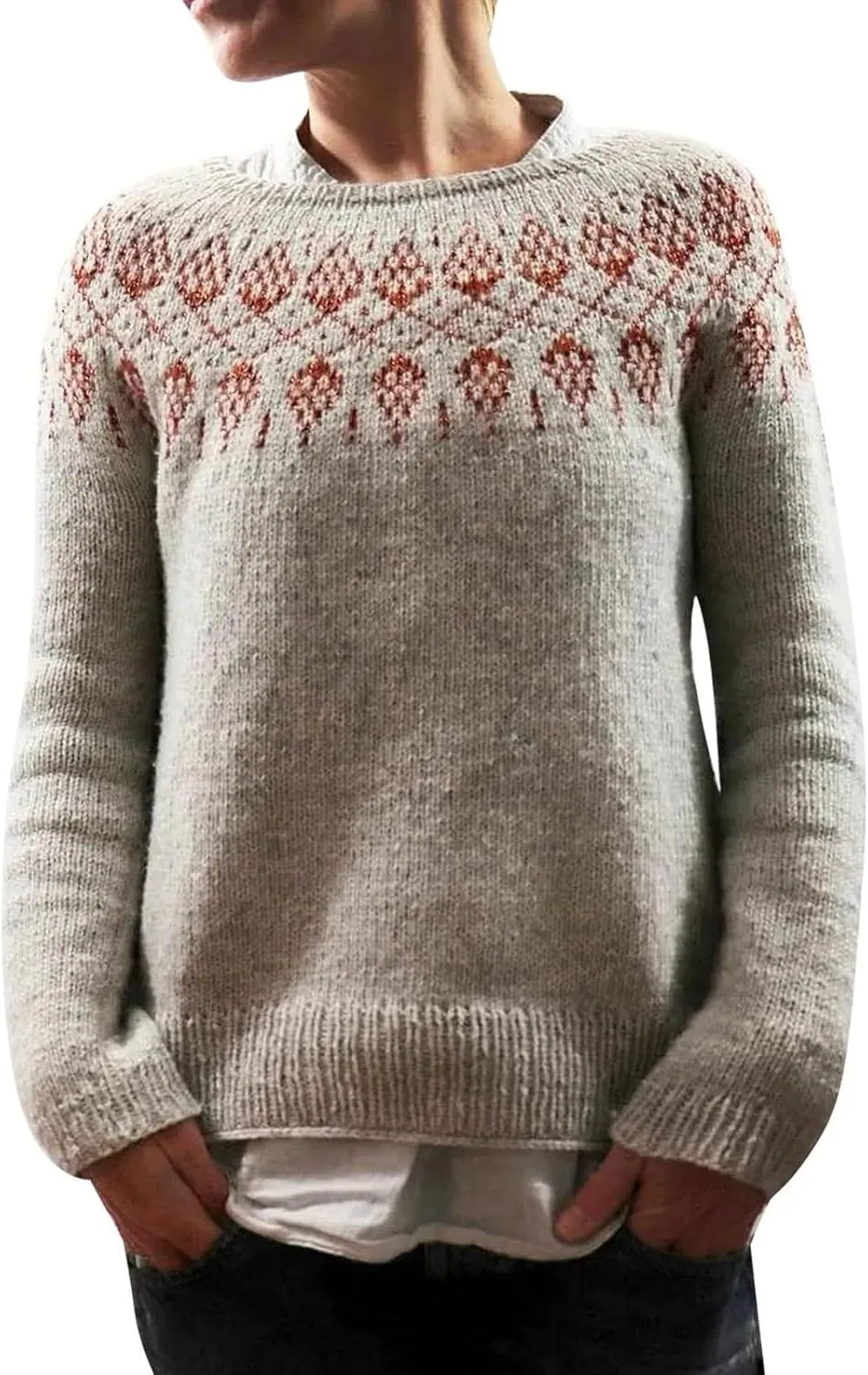 Women Fair Isle Sweaters Casual Scoop Neck Long Sleeved Vintage Sweater Loose Fuzzy Knitted Sweater Pullover Top
