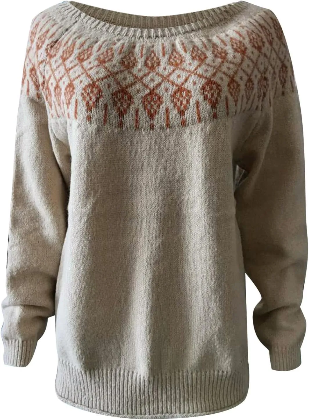 Women Fair Isle Sweaters Casual Scoop Neck Long Sleeved Vintage Sweater Loose Fuzzy Knitted Sweater Pullover Top