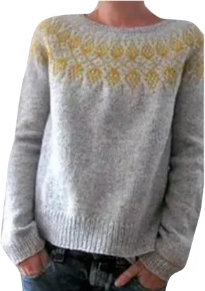 Women Fair Isle Sweaters Casual Scoop Neck Long Sleeved Vintage Sweater Loose Fuzzy Knitted Sweater Pullover Top