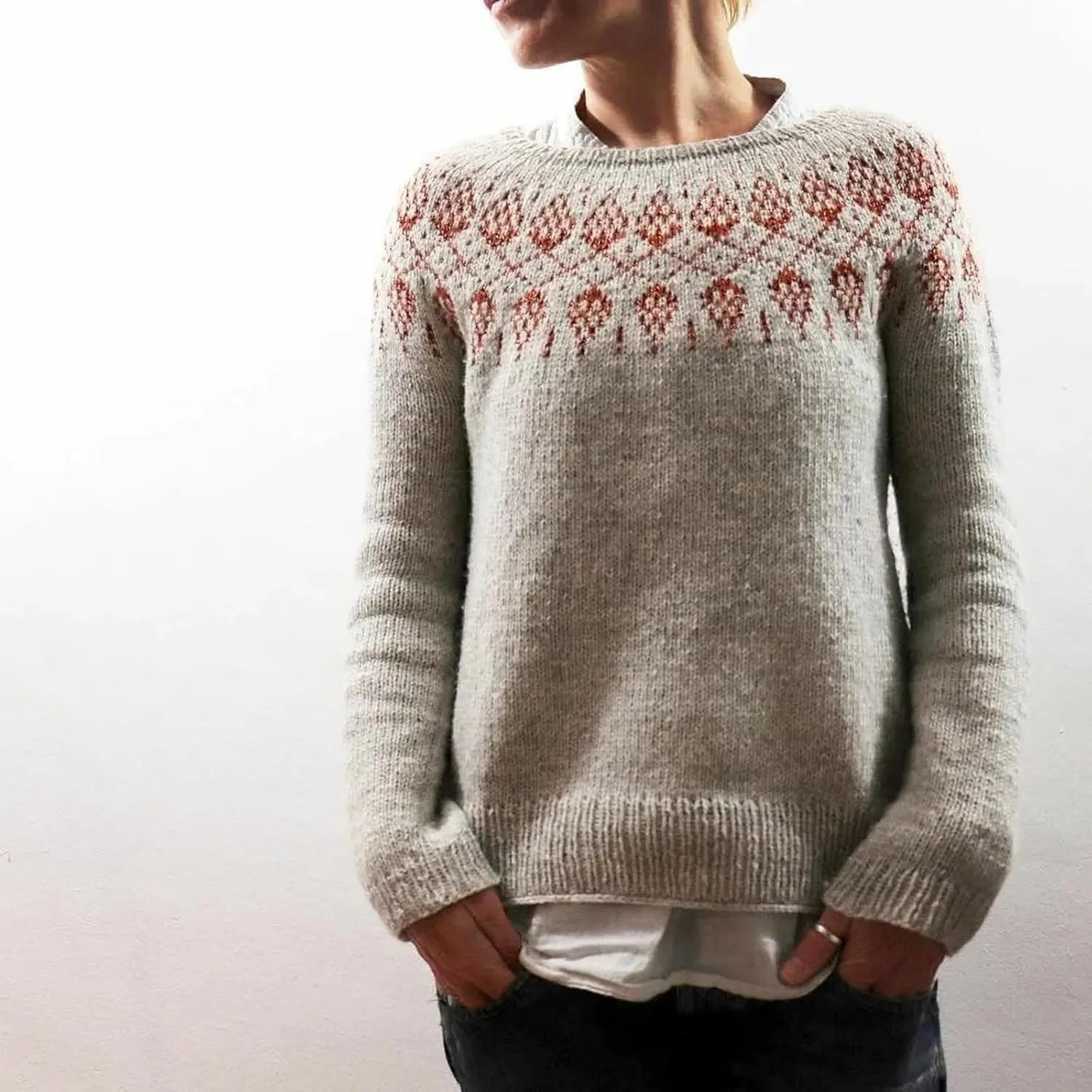 Women Fair Isle Sweaters Casual Scoop Neck Long Sleeved Vintage Sweater Loose Fuzzy Knitted Sweater Pullover Top