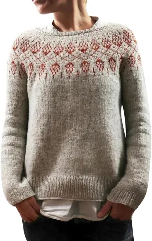 Women Fair Isle Sweaters Casual Scoop Neck Long Sleeved Vintage Sweater Loose Fuzzy Knitted Sweater Pullover Top