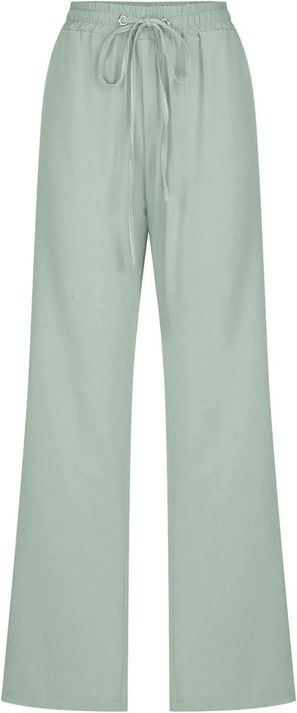 Women High Waisted Wide Leg Pants Casual Drawstring Elastic Trousers Comfy Straight Leg Long Pants Solid Color