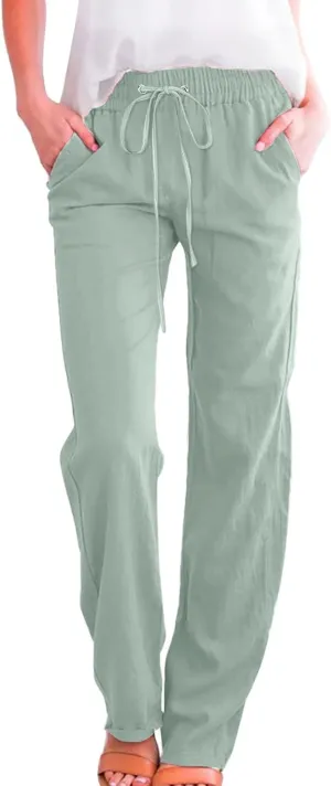 Women High Waisted Wide Leg Pants Casual Drawstring Elastic Trousers Comfy Straight Leg Long Pants Solid Color