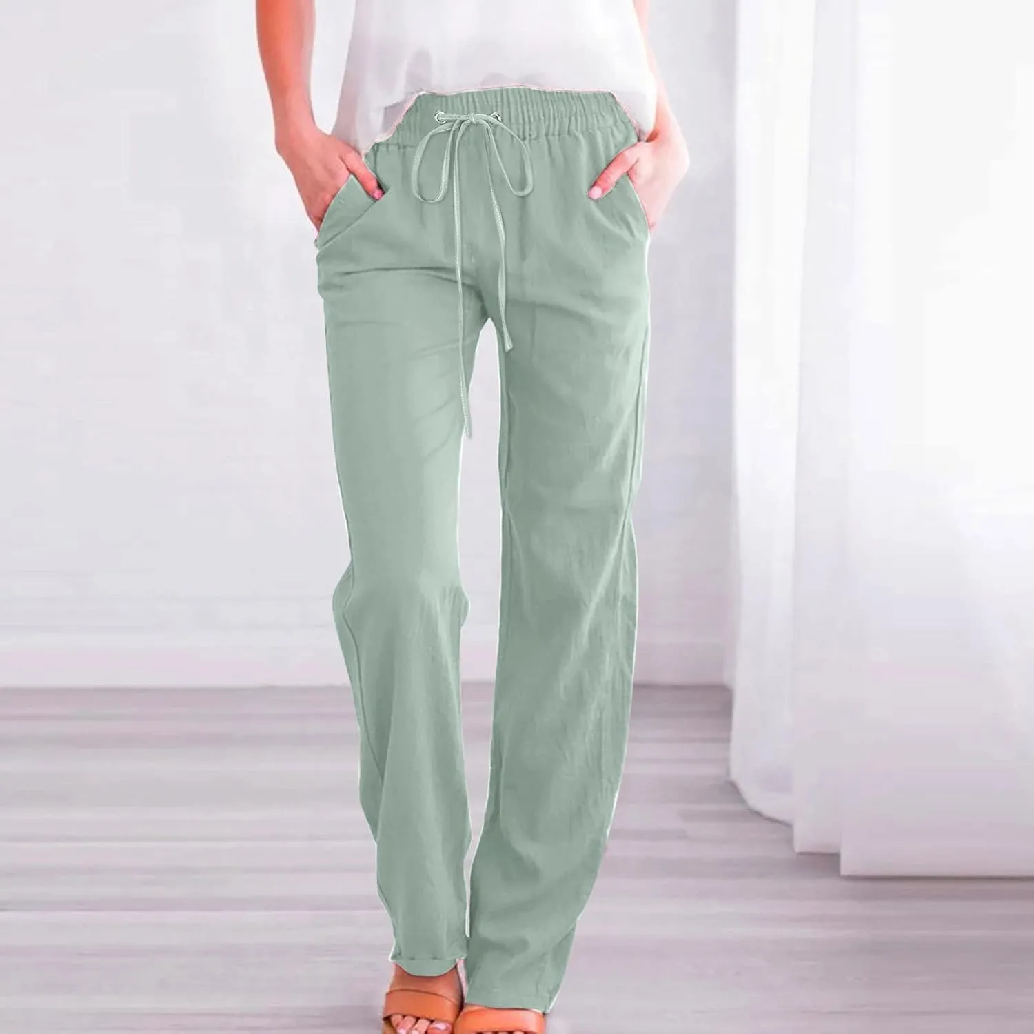 Women High Waisted Wide Leg Pants Casual Drawstring Elastic Trousers Comfy Straight Leg Long Pants Solid Color