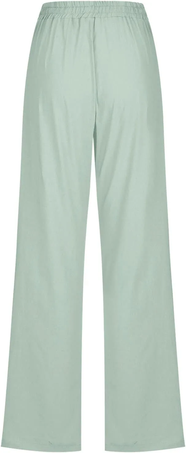 Women High Waisted Wide Leg Pants Casual Drawstring Elastic Trousers Comfy Straight Leg Long Pants Solid Color