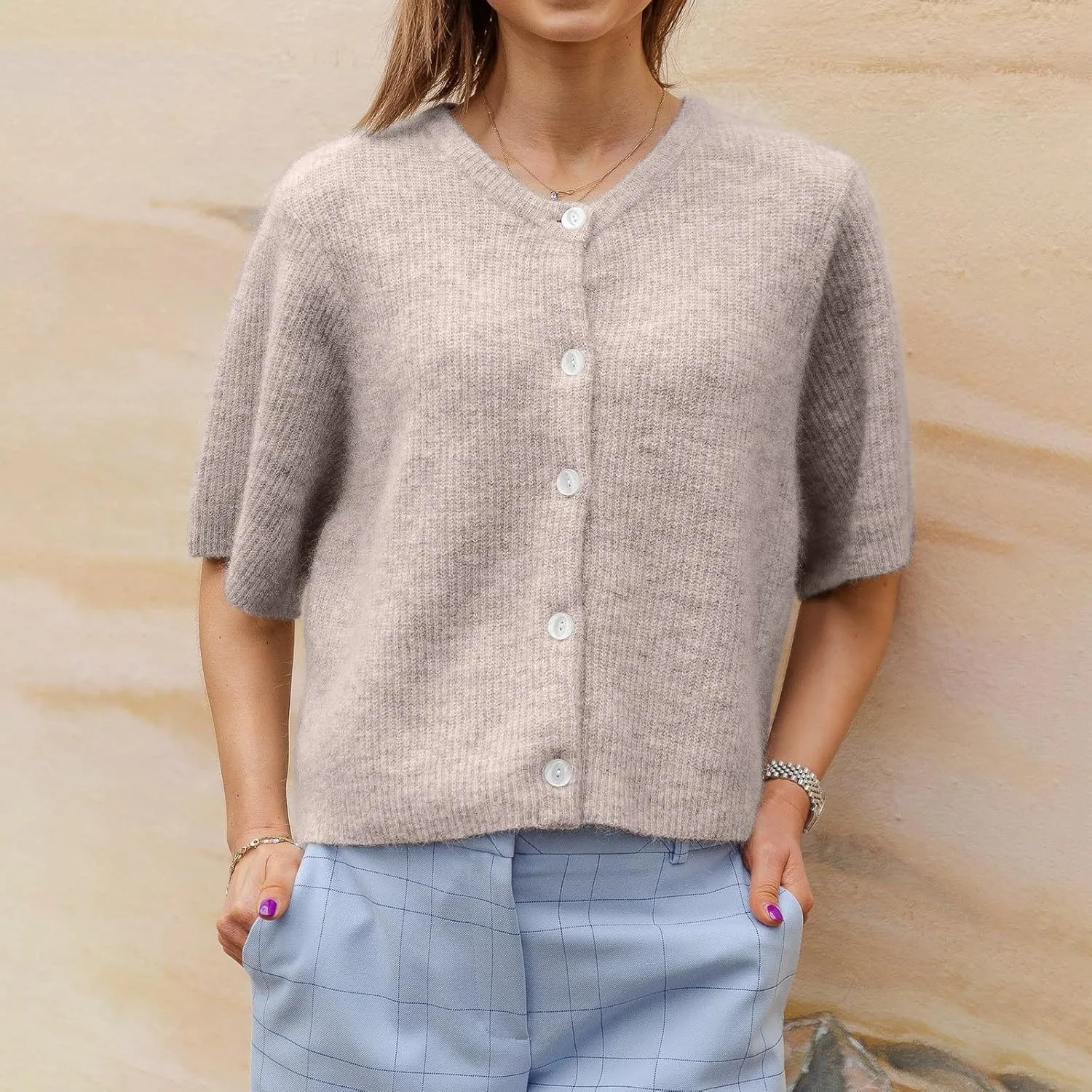 Women Knitted Button Down Short Sleeve Tops Solid Color Round Neck Cardigan Blouse Going Out Sweater Streetwear