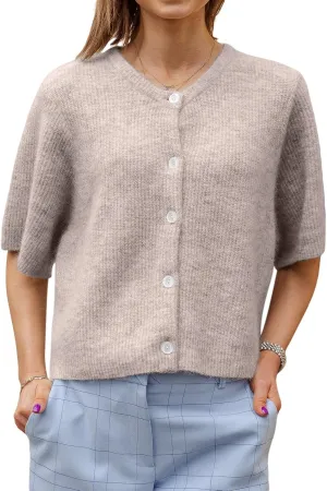 Women Knitted Button Down Short Sleeve Tops Solid Color Round Neck Cardigan Blouse Going Out Sweater Streetwear