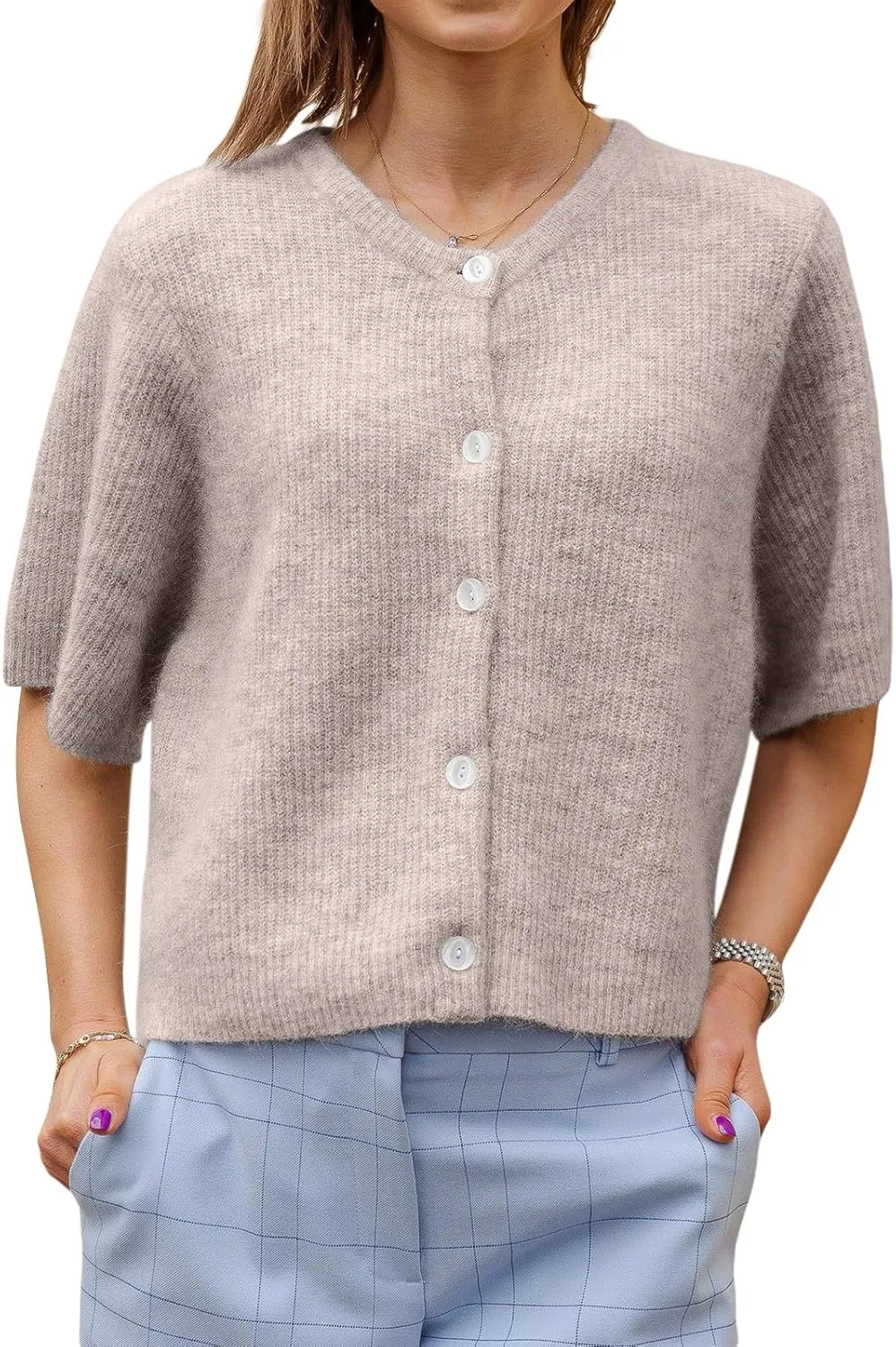 Women Knitted Button Down Short Sleeve Tops Solid Color Round Neck Cardigan Blouse Going Out Sweater Streetwear