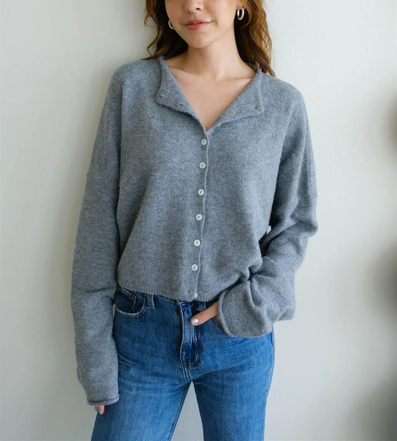 Women Lightweight Cardigan Sweater Button Down Long Sleeve Crewneck Crop Knit Cardigans Casual Basic Knitwear