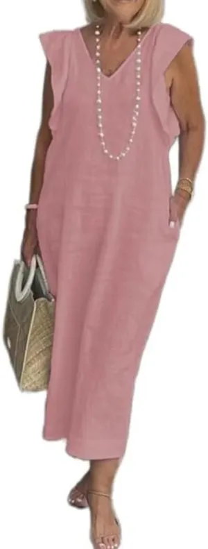 Women Linen Maxi Dress V Neck Ruffle Sleeve Tie Back Cotton Long Dresses with Pocket