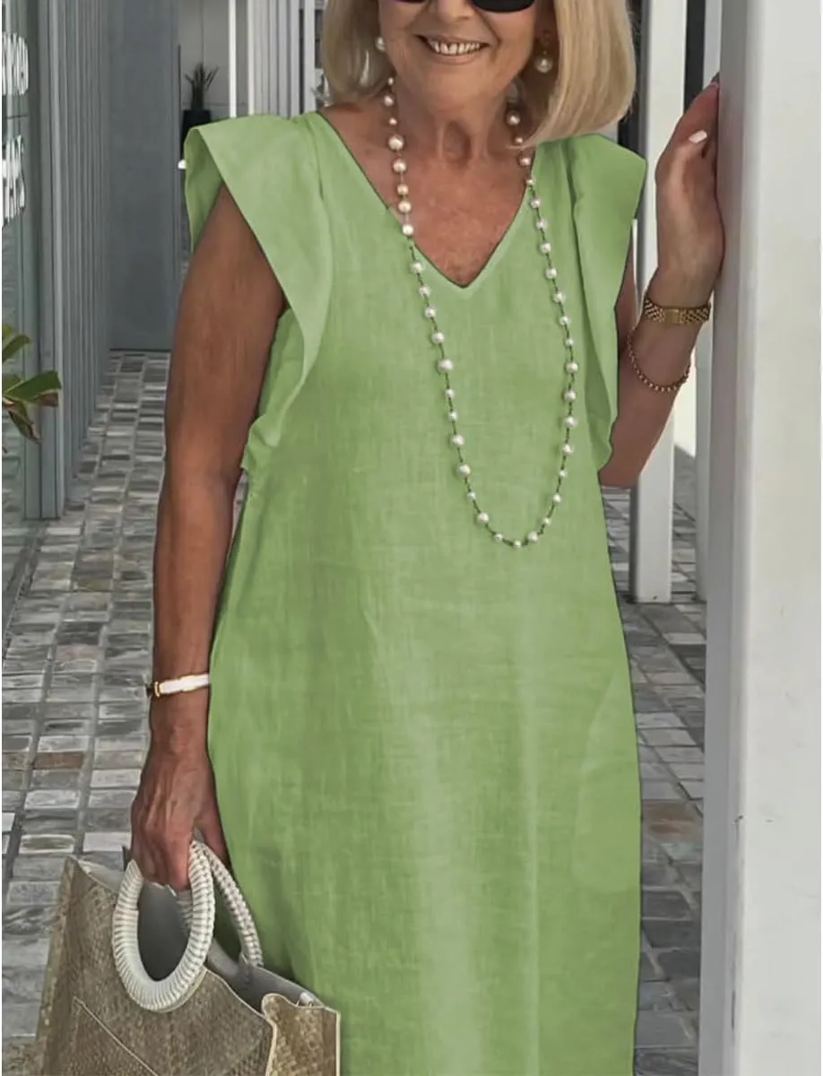 Women Linen Maxi Dress V Neck Ruffle Sleeve Tie Back Cotton Long Dresses with Pocket
