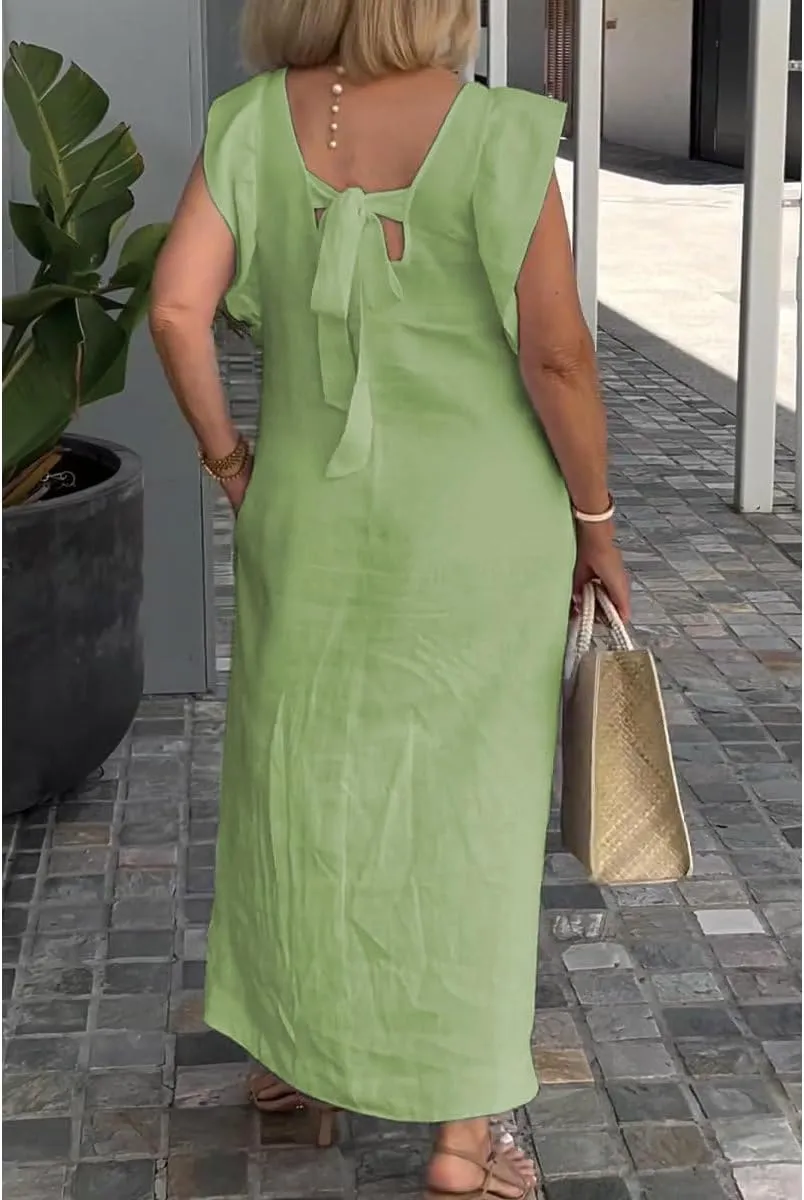 Women Linen Maxi Dress V Neck Ruffle Sleeve Tie Back Cotton Long Dresses with Pocket