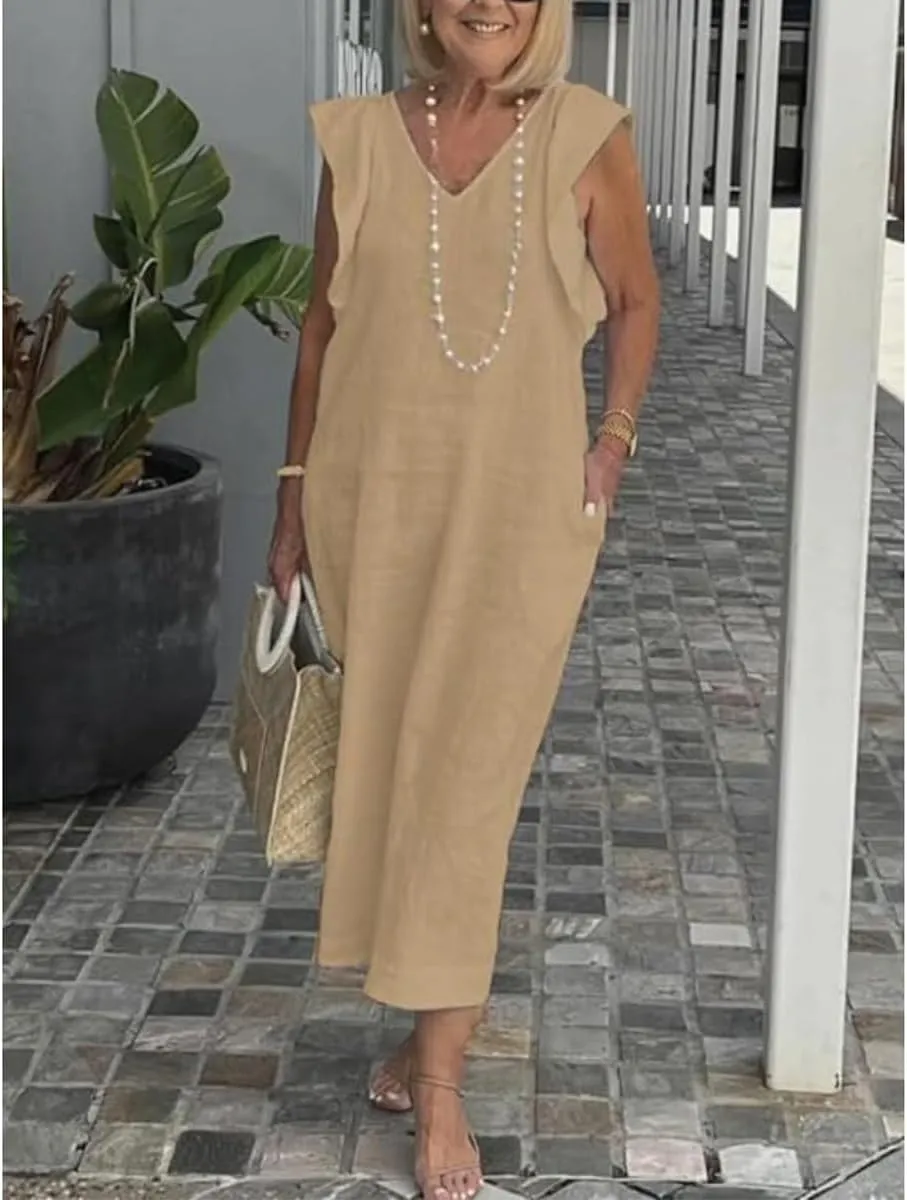 Women Linen Maxi Dress V Neck Ruffle Sleeve Tie Back Cotton Long Dresses with Pocket