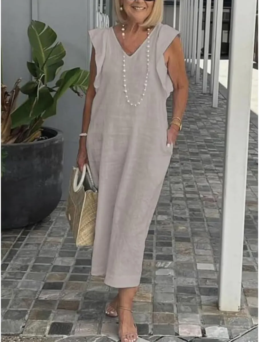 Women Linen Maxi Dress V Neck Ruffle Sleeve Tie Back Cotton Long Dresses with Pocket