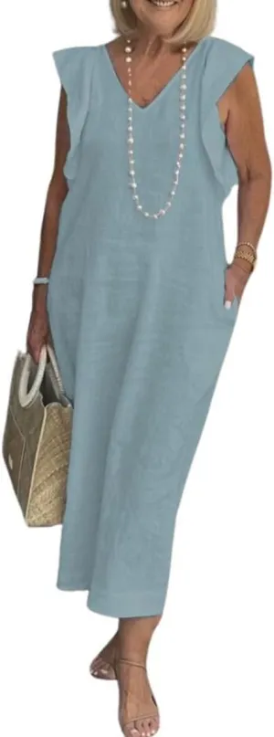 Women Linen Maxi Dress V Neck Ruffle Sleeve Tie Back Cotton Long Dresses with Pocket
