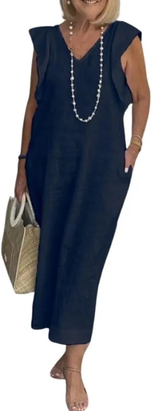Women Linen Maxi Dress V Neck Ruffle Sleeve Tie Back Cotton Long Dresses with Pocket