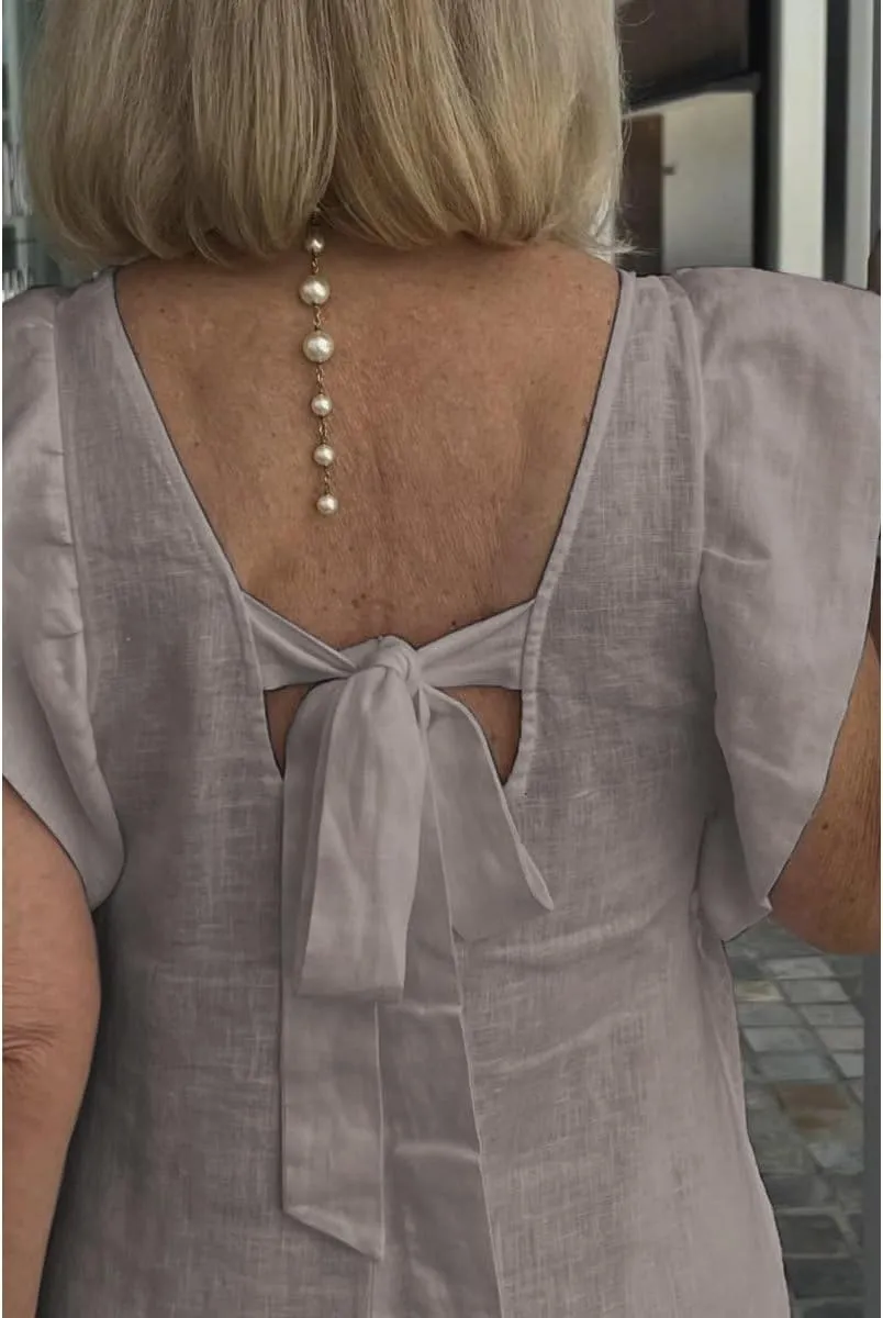 Women Linen Maxi Dress V Neck Ruffle Sleeve Tie Back Cotton Long Dresses with Pocket