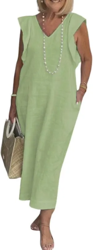 Women Linen Maxi Dress V Neck Ruffle Sleeve Tie Back Cotton Long Dresses with Pocket