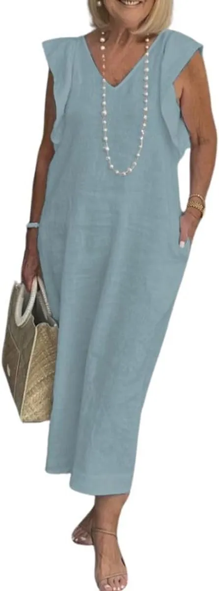 Women Linen Maxi Dress V Neck Ruffle Sleeve Tie Back Cotton Long Dresses with Pocket