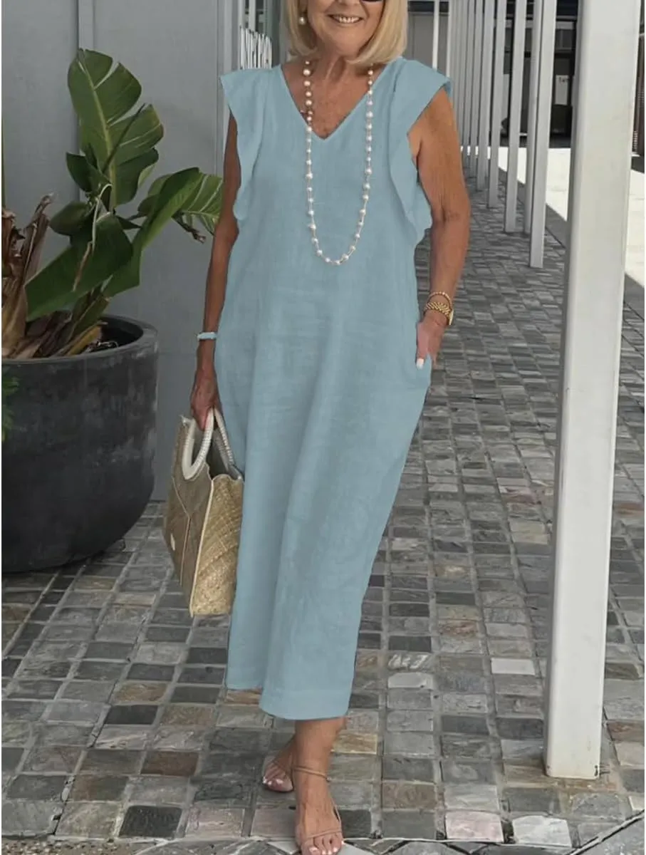 Women Linen Maxi Dress V Neck Ruffle Sleeve Tie Back Cotton Long Dresses with Pocket
