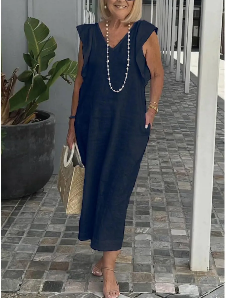 Women Linen Maxi Dress V Neck Ruffle Sleeve Tie Back Cotton Long Dresses with Pocket