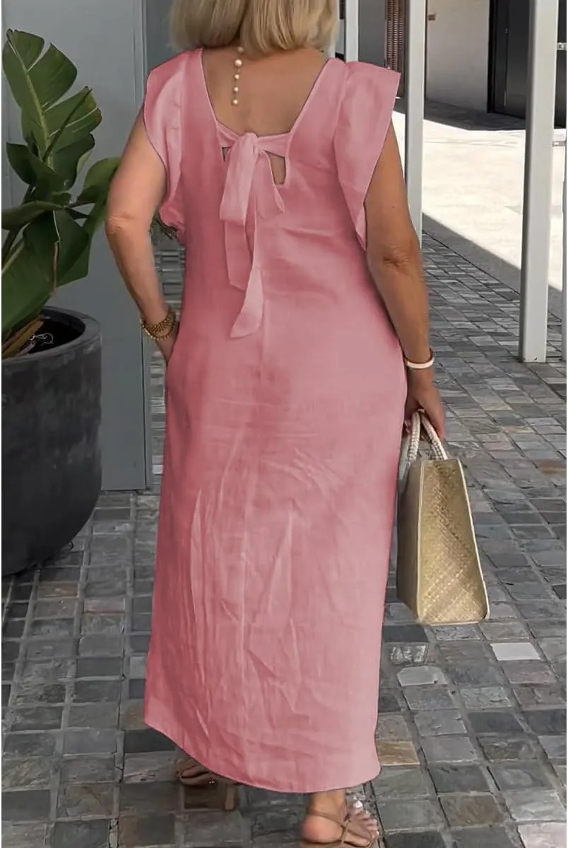 Women Linen Maxi Dress V Neck Ruffle Sleeve Tie Back Cotton Long Dresses with Pocket